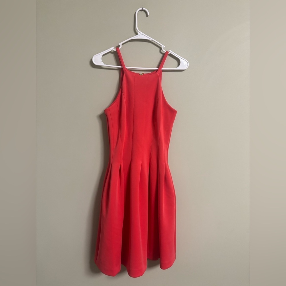 Calvin Klein Size 2 Pink Scuba Sleeveless Halter Neck Pleated Fit & Flare Dress